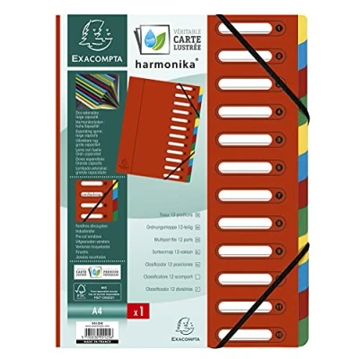 Obrázek Exacompta 55125E Premium pořadač Harmonika. Z extra silného kartonu Colorspan, DIN A4, 12 přihrádek a 2 gumičky s indexovým okénkem pružnou zadní stranou, desky na registry, červená