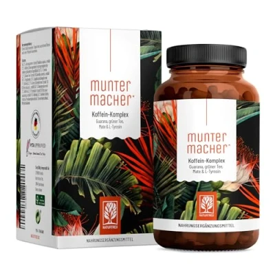 Obrázek Kapsle guarana s mate, zeleným čajem, zelenou kávou, L tyrosinem a vitamíny B více než 100 mg kofeinu kofeinové tablety veganské přírodní povzbuzovač 120 kofeinových kapslí ve vysokých dávkách