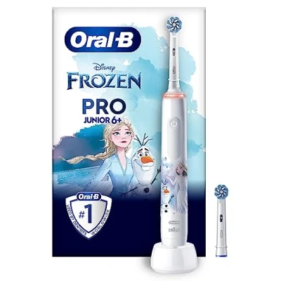 Obrázek Oral B Pro Junior Frozen Elektrische Zahnbürste/Electric Toothbrush für Kinder ab 6 Jahren, 2 Aufsteckbürsten, 360 Andruckkontrolle, Putzmodi inkl. Sensitiv Zahnpflege, weiche Borsten, weiß