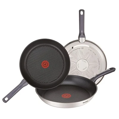 Obrázek Tefal Sada pánví Daily Cook, 3 kusy: Pánve z ušlechtilé oceli, 20/24/26 cm, nepřilnavý povrch, technologie Thermospot, rovnoměrné vaření, všechny druhy sporáků, bez PFOA, černá