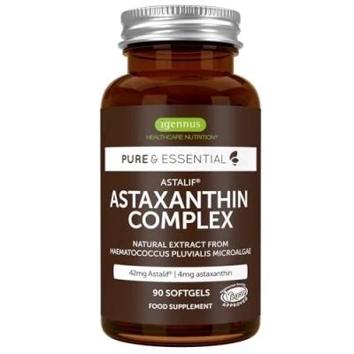 Obrázek Astaxanthin komplex, veganské a přírodní antioxidanty, 4 mg astaxanthinu + zeaxanthin lutein z řas, 90 měkkých tobolek, od Igennus