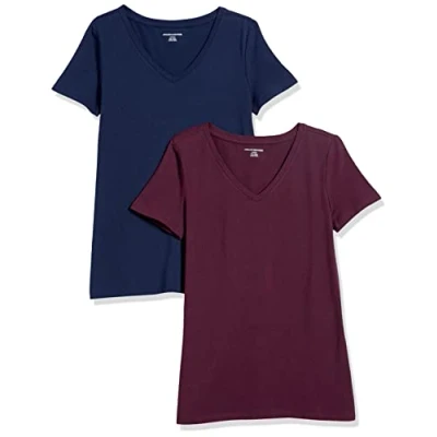 Obrázek Amazon Essentials Dámské tričko s krátkým rukávem výstřihem do V, klasický střih, balení po 2 kusech, vínová červená/námořnická modrá, XS
