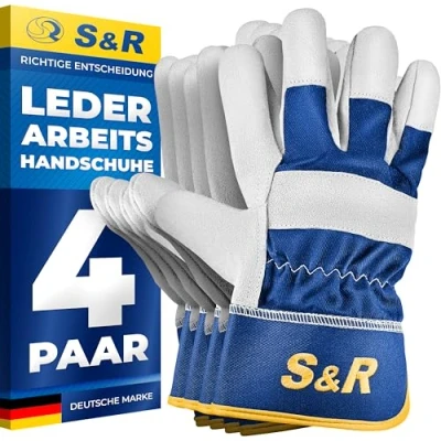 Obrázek S&amp;R Kožené pracovní rukavice, 4 páry, velikost XL/10, stavební a zahradní rukavice i pro kovové lesní práce, ruční ochranné flexibilní pravá kůže, měkká podšívka