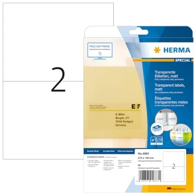 Obrázek HERMA 4683 fóliové etikety odolné proti povětrnostním vlivům, transparentní, 25 listů, 210 x 148 mm, 2 na arch A4, 50 kusů, samolepicí, potisknutelné, matné, prázdné samolepicí etikety, nálepky z
