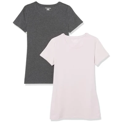 Obrázek Amazon Essentials Dámské tričko S krátkým rukávem kulatým výstřihem, klasický střih, balení po 2, tmavě šedá melírovaná/světle fialová,
