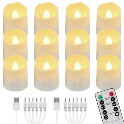 Obrázek FREEPOWER 12 ks dobíjecích LED čajových svíček s dálkovým ovládáním časovač plápolající teplá bílá stmívatelné elektrické nabíjecí svíčky se 2 USB kabely, dekorace na Vánoce, Halloween party rodinu