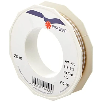 Obrázek PRÄSENT Vichy dárková stuha taupe/bílá, 20 m dekorační pro zdobení a kutilství, šířka 15 mm, kostkovaná pestré dekorace dárkové balení, slavnostní příležitosti