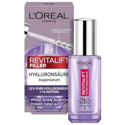 Obrázek L&#039;Oréal Paris oční sérum s 1,5% kyselinou hyaluronovou a 1% kofeinem pro zářivou partii, chladivým kuličkovým aplikátorem, Revitalift Filler sérum, 1 x 20 ml