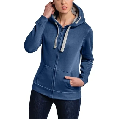Obrázek HRM dámská mikina s kapucí I Premium bunda kontrastní podšívkou Basic Hoodie se zipem kvalitní a udržitelný dámský top, Denim