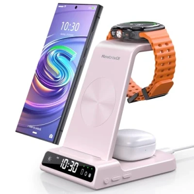 Obrázek Bezdrátová nabíječka Pro Samsung Galaxy S24 Ultra, indukční nabíjecí stanice Watch 6, 3 v 1 s digitálními hodinami Z Flip 5 S23