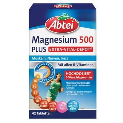 Obrázek Abtei Hořčík 500 Plus Extra Vital Depot ve vysokých dávkách se všemi vitamíny B pro svaly, nervy a srdce veganské 42 tablet