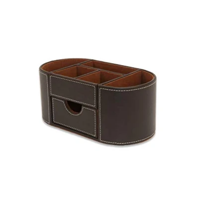 Obrázek OSCO Brauner Schreibtisch Organizer aus Kunstleder mit Schublade Stifthalter Make up Behälter Stiftaufbewahrung 6 Fächer Schreibwaren Caddy H10 x B23 T12 cm