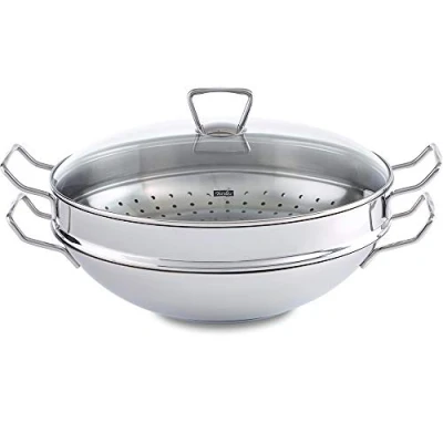 Obrázek Fissler Nanjing / wok z ušlechtilé oceli (Ø 36 cm) velká pánev bez povrchové úpravy, asijská se skleněným víkem, vč. napařovací vložky, všechny typy sporáků i indukční