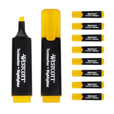Obrázek Westcott Zvýrazňovač 10 kusů žlutý balení ks zvýrazňovačů v zářivě žluté tloušťka linky 2 5 mm prémiový inkoust z Německa E 743687 00