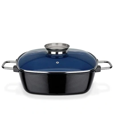 Obrázek GSW 167413 Ceramica kobaltová modř indukční čtyřúhelníkový pekáč se skleněnou poklicí aroma 28 x 8,5 cm / cca 5,0 litrů, hliníkový odlitek, černý/modrý, cm, 2 jednotky