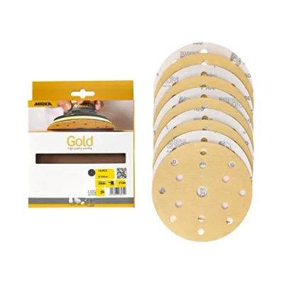 Obrázek Mirka Univerzální brusný papír Gold Ø 150 mm Brusné kotouče Suchý zip 15 otvorů, zrnitost P180, 10 ks / K broušení sádry, špachtle, dřevotřísky, dřeva, laku