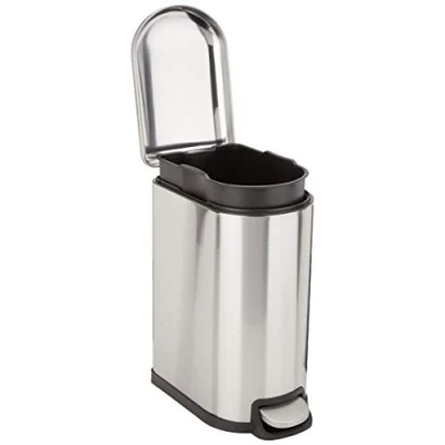 Obrázek Amazon Basics Odpadkový koš, odpuzuje nečistoty, malý, ve tvaru D, s jemně zavíracím nožním pedálem do koupelny, ložnice nebo obývacího pokoje, štíhlý tvar pro úzké prostory, kartáčovaná ušlechtilá