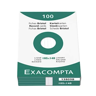 Obrázek Exacompta 13809B balení 100 ks kartotéční lístky linkované DIN A6 v kartonové krabici 10,5 x 14,8 cm ideální do školy a univerzity pro učení bílé