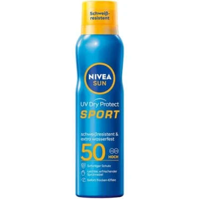 Obrázek NIVEA SUN UV Dry Protect Sport sluneční sprej LSF 50 (200 ml), 100% transparentní a osvěžující ochrana, odolný proti potu extra voděodolný opalovací krém s