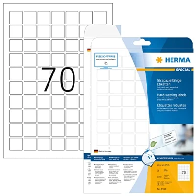 Obrázek HERMA 8339 Fóliové etikety odolné proti povětrnostním vlivům, 25 listů, 24 x mm, 70 pro arch A4, 1750 kusů, samolepicí, potištěné, matné, prázdné lepicí z fólie, bílé