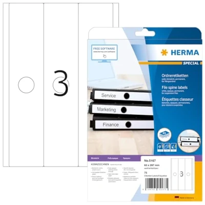 Obrázek HERMA 5167 Etikety na závěsné pořadače dlouhé, široké, 25 listů, 63 x 297 mm, 3 arch A4, 75 kusů, samolepicí, potiskovatelné, neprůhledné, prázdné papírové štítky pořadače, hřbety,