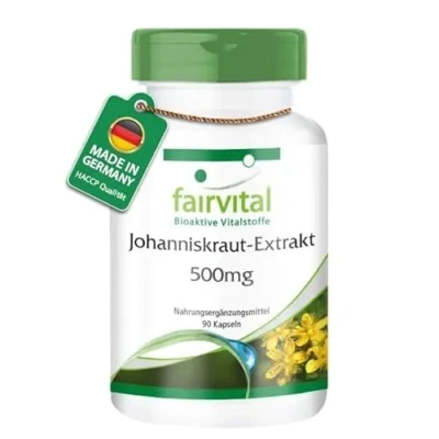 Obrázek Fairvital Extrakt z třezalky tečkované 500 mg 90 kapslí vysoká dávka s výtažku v jedné kapsli standardizováno na 0,3 % Hypericin St. John&#039;s Wort (Hypericum