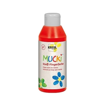 Obrázek KREUL 28403 Mucki zářivá látka barva na prsty, 250 ml červená, vodní bázi, bez parabenů, lepku, laktózy a veganské, optimální pro použití prsty rukama