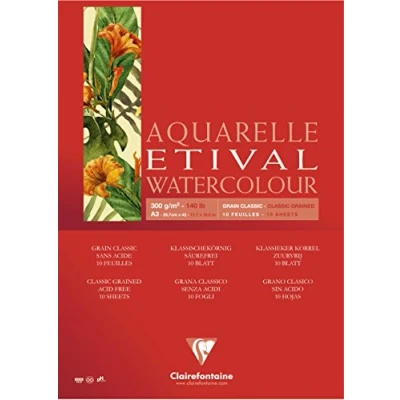 Obrázek Clairefontaine 96393C Aquarellblock Etival (matt, 300g, für alle Nasstechniken geeignet, 1 seitig verleimt, 10 Blatt, DIN A3, 29,7 x 42 cm, ideal Anfänger, säurefrei) weiß