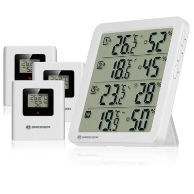 Obrázek Bresser Quadro NV Thermo Hygrometer mit 4 Messpunkten, integrierter Sensor und 3 Funksensoren, Smiley Komfortindikator, Min/Max Speicher, IP44