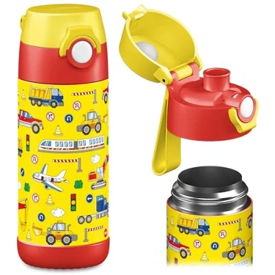 Obrázek Jarlson® dětská láhev na pití Mali termoska z ušlechtilé oceli bez BPA zabezpečená proti vytečení s víkem Chug do školy, školky 350 ml (vozidla, ml)