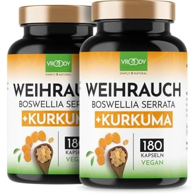 Obrázek 2x kadidlové kapsle VROODY s vysokou dávkou Boswellia Serrata 2000 mg denní dávka 2 x 180 kusů 85 % kyseliny 125 kurkuma 95% kurkuminoidy veganské a bez přísad