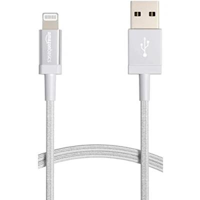 Obrázek Amazon Basics spojovací kabel Lightning na USB A, opletený nylonem, nabíjecí certifikovaný MFi, pro iPhone, stříbrný, 1. 8 m