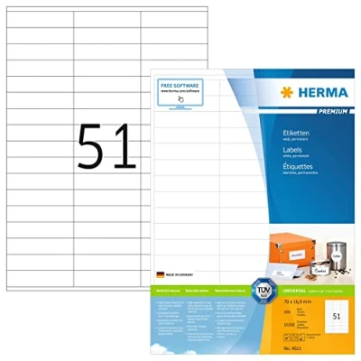 Obrázek HERMA Univerzální etikety 4611, 200 listů, 70 x 16,9 mm, 51 na arch A4, 10200 kusů, samolepicí, potisknutelné, matné, prázdné papírové lepicí samolepky, bílé
