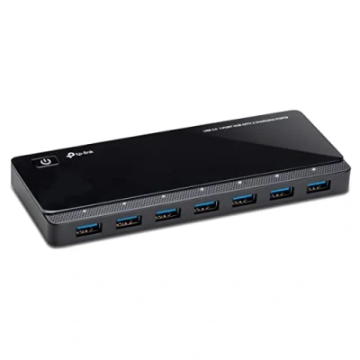 Obrázek TP Link UH720 7portový USB 3. 0 HUB + 2 nabíjecí porty (2,4A) pro tablet a smartphone, včetně síťového adaptéru kabelu, až 5 Gbit/s, Hot Swapping, podporuje Windows, Mac OS, Linux, černý