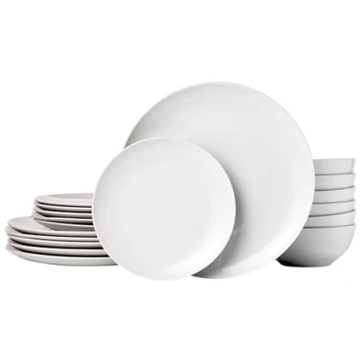 Obrázek Amazon Basics Servis nádobí pro 6 osob, 18 kusů, bílý porcelán Coupe