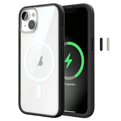 Obrázek Woodcessories iPhone 14 Plus Clear Case s MagSafe průhledné pouzdro na mobil ochranou fotoaparátu Anti Yellowing, ochrana proti poškrábání, tenké, černé čiré DIY knoflíky