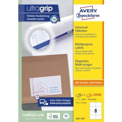 Obrázek AVERY Zweckform 3427 200 univerzálních etiket (1 600 plus 160 lepicích navíc, 105 x 74 mm na A4, k potisku přepravní etikety, samolepicí nálepky zásilku s ultragrip) 220 listů, bílá