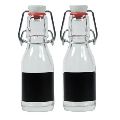 Obrázek Viva Haushaltswaren 2 x malá skleněná láhev 100 ml prázdná s třmenovým uzávěrem z porcelánu k naplnění, použitelná jako průhledná na šťávu a olej (vč. popisovacích štítků)