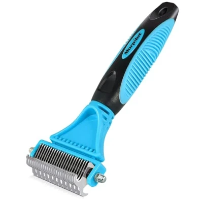 Obrázek kartáč na psy kočky 12+23 domácí zvíře hřeben z ušlechtilé oceli, oboustranný DeShedding Tool pro k odstranění nežádoucích vlasů rozčesávání uzlů modrý