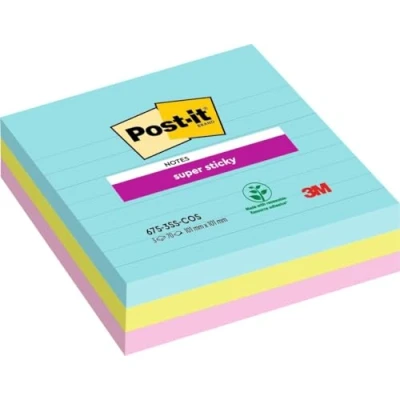 Obrázek Post it Super Sticky Notes ve velkém formátu, Cosmic Collection, linkované, 101 mm x mm, 90 listů/blok, 3 bloky/balení