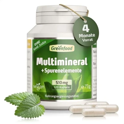 Obrázek Multiminerál + stopové prvky, 510 mg, vysoká dávka, 120 kapslí, veganské, biologická dostupnost pro kosti (vápník), vlasy a nehty (selen, zinek) nervový systém (hořčík, jód). Bez umělých