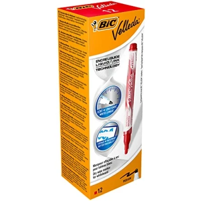 Obrázek BiC Značkovač na bílé tabule Velleda, nádrž Liquid Ink, možnost nasucho otíratelná, červená, 12 kusů