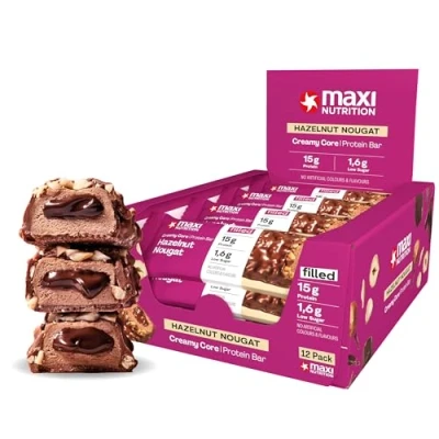 Obrázek MaxiNutrition Creamy Core Bar lískový nugát, 12 x 45 g Filled proteinová tyčinka, 32% obsah bílkovin 14 na tyčinku, low Sugar (1,5 g), bez přidaného cukru, umělých aromat, Born &amp; Developed v