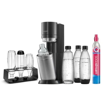Obrázek SodaStream Výrobník sody Duo Comfort sada s bombičkou CO2, 2x 1l skleněná láhev, plastová láhev vhodná do myčky a sytým držákem láhví, výška: 44 cm