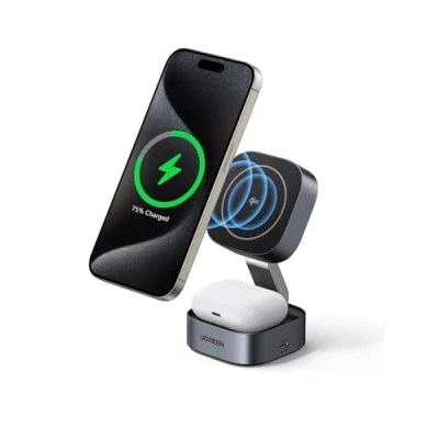 Obrázek UGREEN MagFlow Qi2 certifikovaná nabíjecí stanice 15 W 2 v 1, kompatibilní s MagSafe skládací bezdrátová nabíječka pro iPhone 16/15/14/13, AirPods 2/3, podporuje funkci pohotovostního režimu,