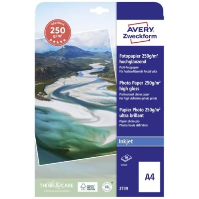 Obrázek Avery Zweckform Zboží 2739 Premium Inkjet fotopapír (50 listů, 250 g/m², DIN A4, vysoce lesklé fotokarty, jednostranně povrstvené, okamžitě suchý a odolný proti rozmazání, foto listy pro inkoustové