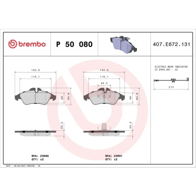 Obrázek Sada brzdových destiček, kotoučová brzda BREMBO P 50 080