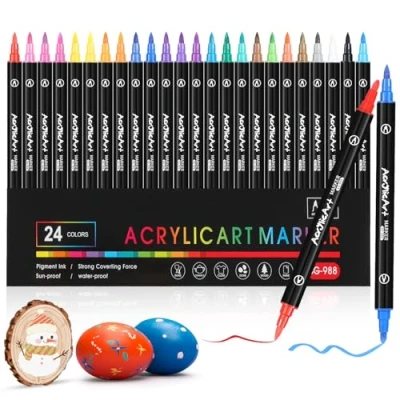 Obrázek Diboniur Sada 24 barevných akrylových tužek, fixy Dual Brush Pen pro dospělé, akrylové voděodolné textilní tužky, textil, kameny, dřevo, papír, keramiku, DIY