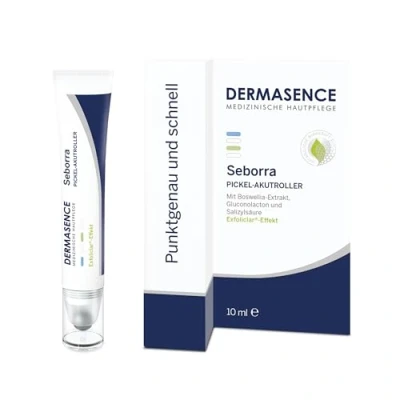 Obrázek DERMASENCE Akutový váleček Seborra, 10 ml pero proti pupínkům gel regulující záněty u jednotlivých nečistot nebo černých teček samodezinfekční kulička z ušlechtilé oceli obzvlášť hygienický