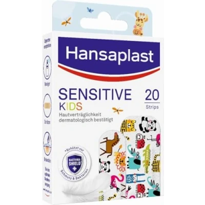 Obrázek Hansaplast Dětská náplast Sensitive (20 proužků), náplasti na rány s roztomilými zvířecími motivy k rozveselení, bezbolestně odstranitelná sada náplastí